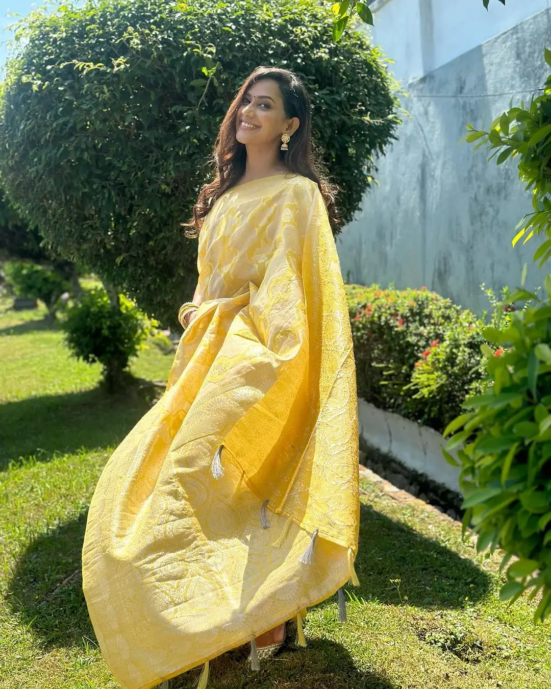 Indian Actress Sanjana Singh in Traditional Yellow Color Saree Blouse